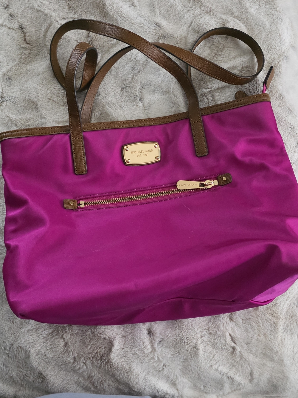 Michael Kors Fuchsia Nylon Tote with Brown Leather Trim